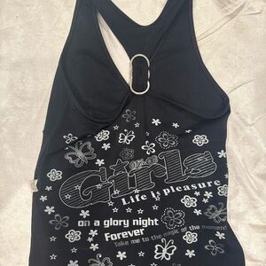 Black Y2K Graphic Crop Top with Silver Accents